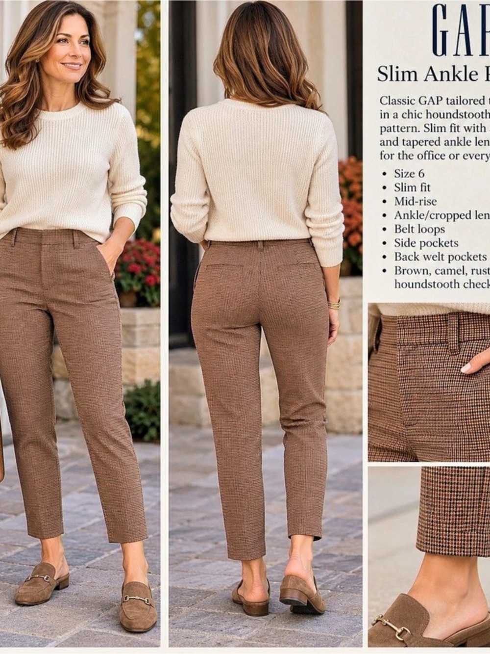 GAP Slim Ankle Pants Houndstooth Brown & Orange Size 6
